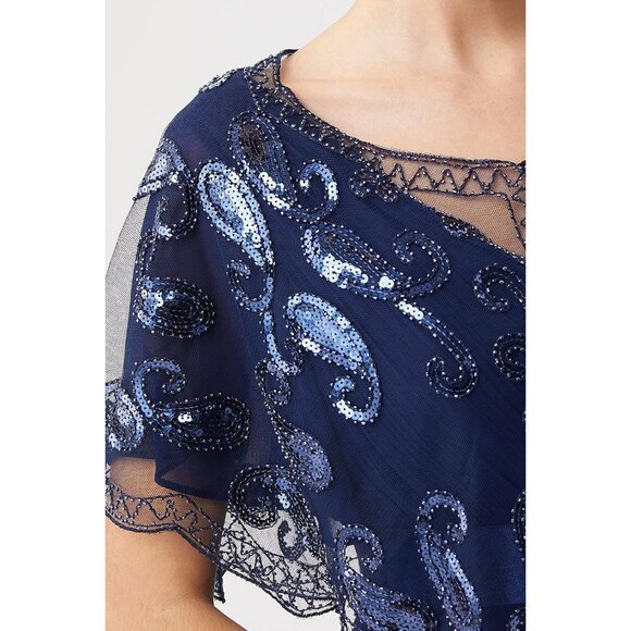 🆕 Women Blue Sequin Beaded Evening Cape Bridal Shawl Bolero Flapper Cover Up - Picture 3 of 6